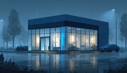 Modern retail store at night in the rain