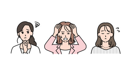 悩み・混乱・不安を表すビジネス女性3人のイラストセットA2