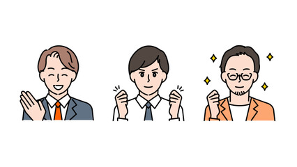 モチベーションと笑顔あふれるビジネス男性3人のイラストセットB2
