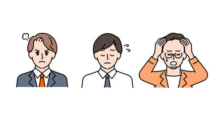 悩み・混乱・不安を表すビジネス男性3人のイラストセットB2