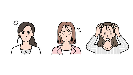 悩み・混乱・不安を表すビジネス女性3人のイラストセットB2