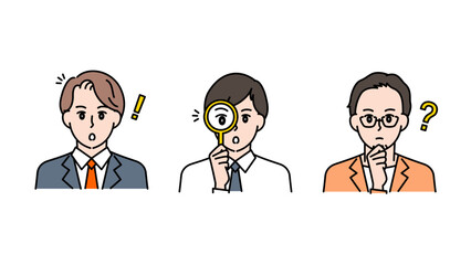 調べる・ひらめく・驚くリアクションをする表情豊かな男性3人のイラストセットB2