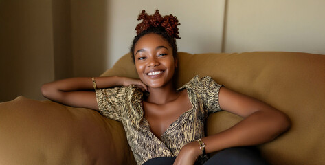 Young African woman with vitiligo smiling and relaxing on the sofa at home. Generated image