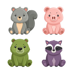 Cute and Colorful Cartoon Animal Characters Including Squirrel, Pig, Bear, and Raccoon in Playful Designs