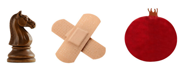 Chess knight, crossed bandages, and pomegranate. Game piece, first aid, and healthy fruit