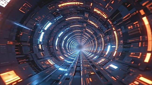 soaring in a dark, infinite tunnel, illuminated by glowing fractals and shifting patterns, high tech machinery integrated into the walls, pulsating soundwaves visually represented