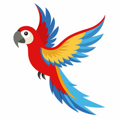 Cute cartoon flying colorful macaw parrot isolated on white background. Suitable for educational poster, logo, children's books and encyclopedias. Children's picture. Vector illustration.Side view	