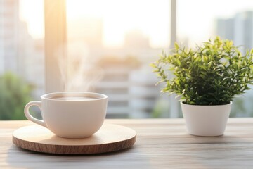 Morning coffee and plant indoor with sunlight