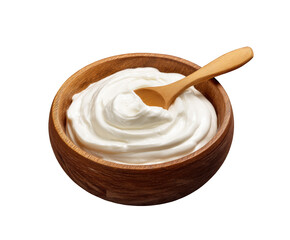 Creamy yogurt in a wooden bowl with a spoon for healthy snacks on a transparent background, cut out
