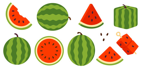 Fresh watermelons with red cubes, slices, and scattered seeds on white background, great for summer food, playful visuals, and creative educational or game themes