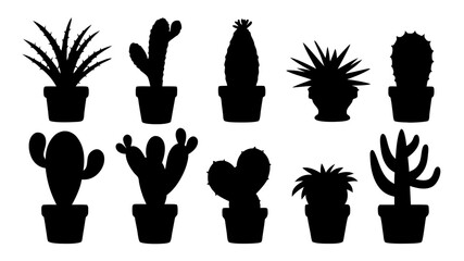 Cactus in pots silhouette