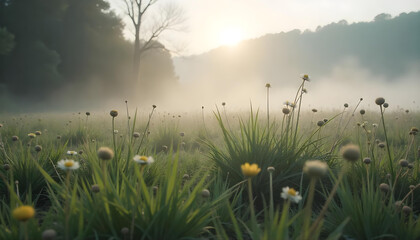 Obraz premium Sunny meadow background with tall wild grass, wildflowers, and a gentle breeze effect under a blue sky