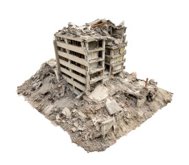 Urban destruction from natural disaster aftermath and recovery on a transparent background, cut out