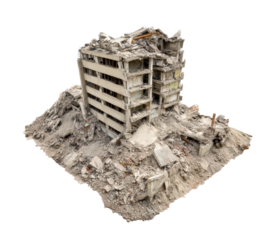 Urban destruction from natural disaster aftermath and recovery on a transparent background, cut out