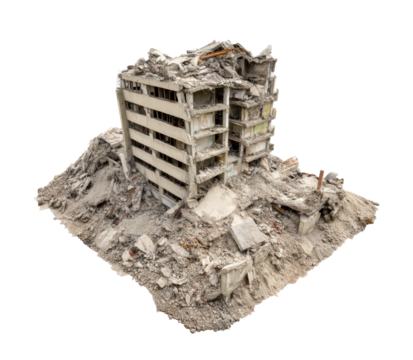 Urban destruction from natural disaster aftermath and recovery on a transparent background, cut out