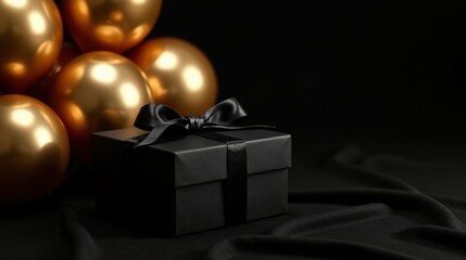 A luxuriously wrapped black gift box rests elegantly on a dark fabric, adorned with a sophisticated black ribbon and nestled amongst a cluster of shimmering gold balloons.