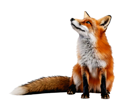 Fox, sitting and gazing upward, appears separated on a pure white background—natural, clean, and ideal for creative design, presentations, posters, educational use, or wildlife-themed visual content a