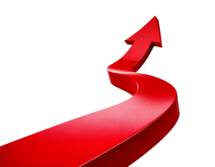 Arrow, red, curved — separated on a clean white background, ideal for graphic design, web elements, presentations, infographics, icons, or any modern minimalist layout requiring bold directional empha