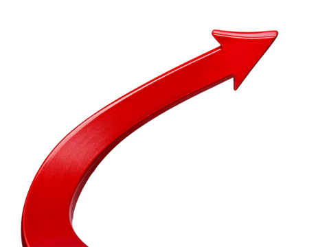 Arrow, red, curved — separated on a clean white background, ideal for graphic design, web elements, presentations, infographics, icons, or any modern minimalist layout requiring bold directional empha