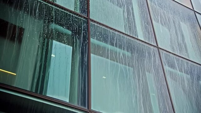 Rainwater cascades down the exterior glass facade of a modern building, creating a blurry, textured effect with gray skies reflecting in the panes.