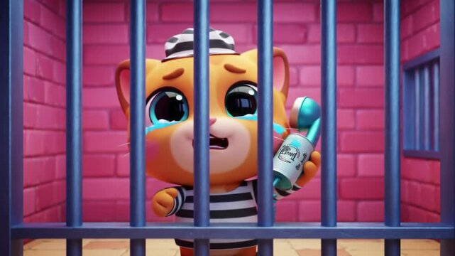 Jail bars cartoon with cat crying holding a phone suitable for illustrating incarceration, communication limitations, and animal emotions in confinement.