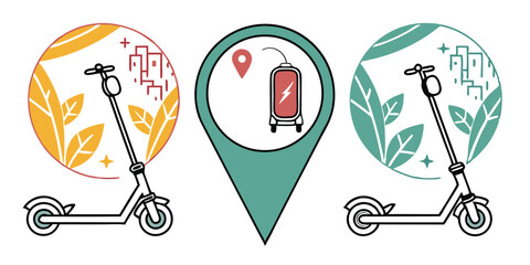 Stylish electric scooter illustration with modern city elements and botanical features