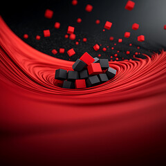 Red swirl with black cubes, and abstract.