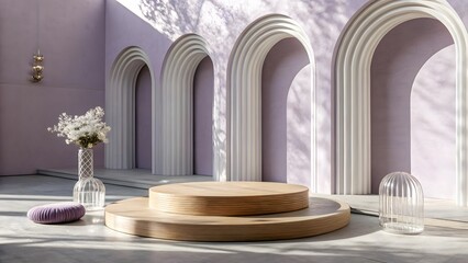 Minimalist Wooden Podium with Lavender Walls and Archways