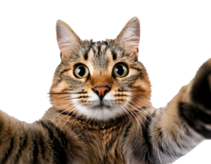 Cat, selfie, white background—this natural and isolated photo captures a curious feline taking a selfie. Perfectly lit, ideally framed, and charmingly expressive, it’s a fun and versatile visual asset