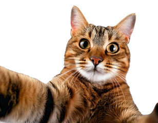 Fototapeta premium Cat, selfie, white background—this natural and isolated photo captures a curious feline taking a selfie. Perfectly lit, ideally framed, and charmingly expressive, it’s a fun and versatile visual asset