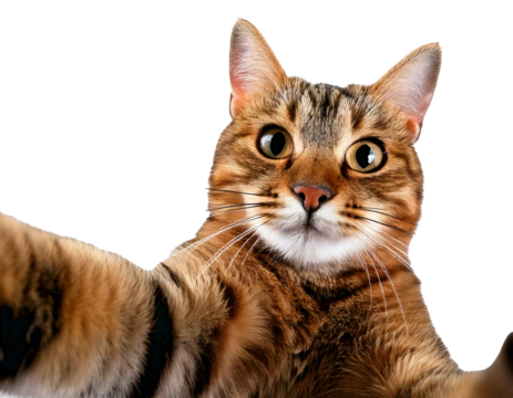 Cat, selfie, white background—this natural and isolated photo captures a curious feline taking a selfie. Perfectly lit, ideally framed, and charmingly expressive, it’s a fun and versatile visual asset