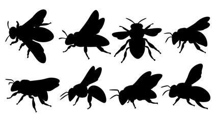 Set of bee silhouettes black