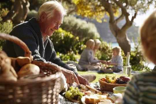 Family picnic gathering park outdoor dining sunny day close-up joyful moments - Powered by Adobe
