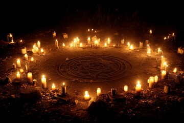Candlelit ritual circle with glowing symbols at night.