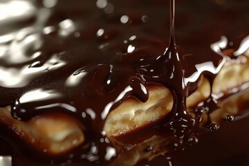 Rich and Velvety Chocolate Sauce Dripping Over a Delicate Pastry, Capturing the Indulgence of Dessert with a Decadent Texture and Glossy Finish in Close-Up
