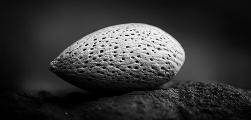 A monochrome close-up reveals a single almond shell, resting on a dark, textured surface.  Its pitted exterior is sharply detailed against the blurred background