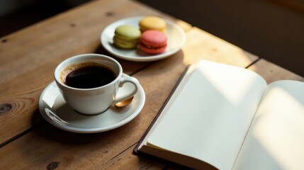 Aromatic Coffee Beside Blank Notebook and Sweet Pastries on Wooden Table