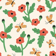 Cute butterfly  vector seamless pattern for fabric design or wallpaper. Summer butterfly and red stylized poppy on pink background.