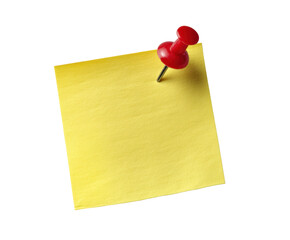 Yellow sticky note with red push pin for reminders on a transparent background, cut out