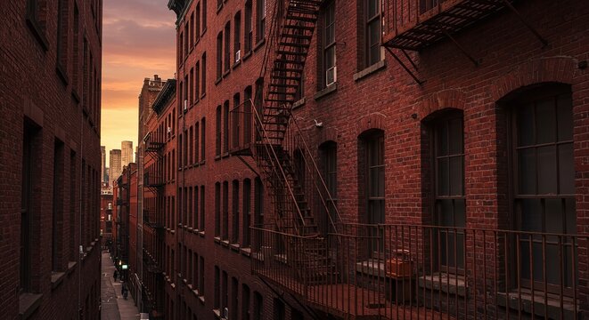 Urban alleyway view between red brick buildings with fire escapes at sunset