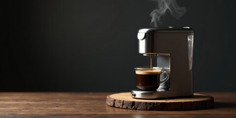 Modern espresso machine brewing rich dark coffee into a small glass on a rustic wooden surface