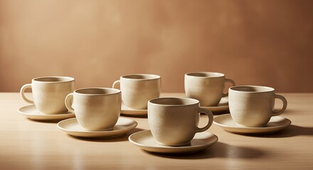 Beige ceramic coffee cups and saucers set