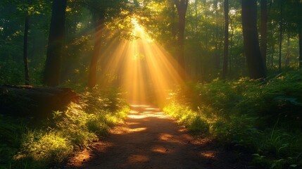 Obraz premium Sunbeams Illuminating a Forest Path