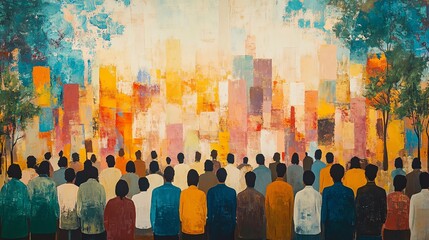 A diverse community comes together to support each other, showcasing resilience and unity in the face of adversity after a crisis.