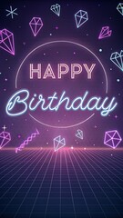Neon Retro Happy Birthday Card Design with Geometric Shapes