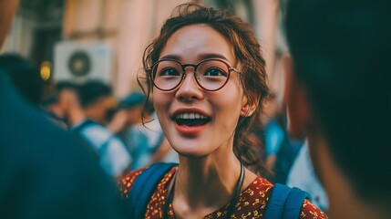 Happy woman wearing glasses talking to someone else with a cheerful expression, enjoying conversation, and expressing joy. UHD, 16k resolution.