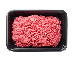 Ground beef in tray ready for cooking and meal preparation on a transparent background, cut out