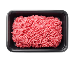 Ground beef in tray ready for cooking and meal preparation on a transparent background, cut out
