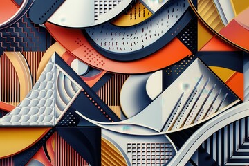 Abstract geometric composition with vibrant colors showcasing curves, waves, and modern design elements, perfect for creative and artistic projects in various contexts