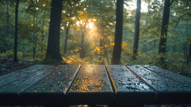 Forest scene with a wet wooden picnic table.